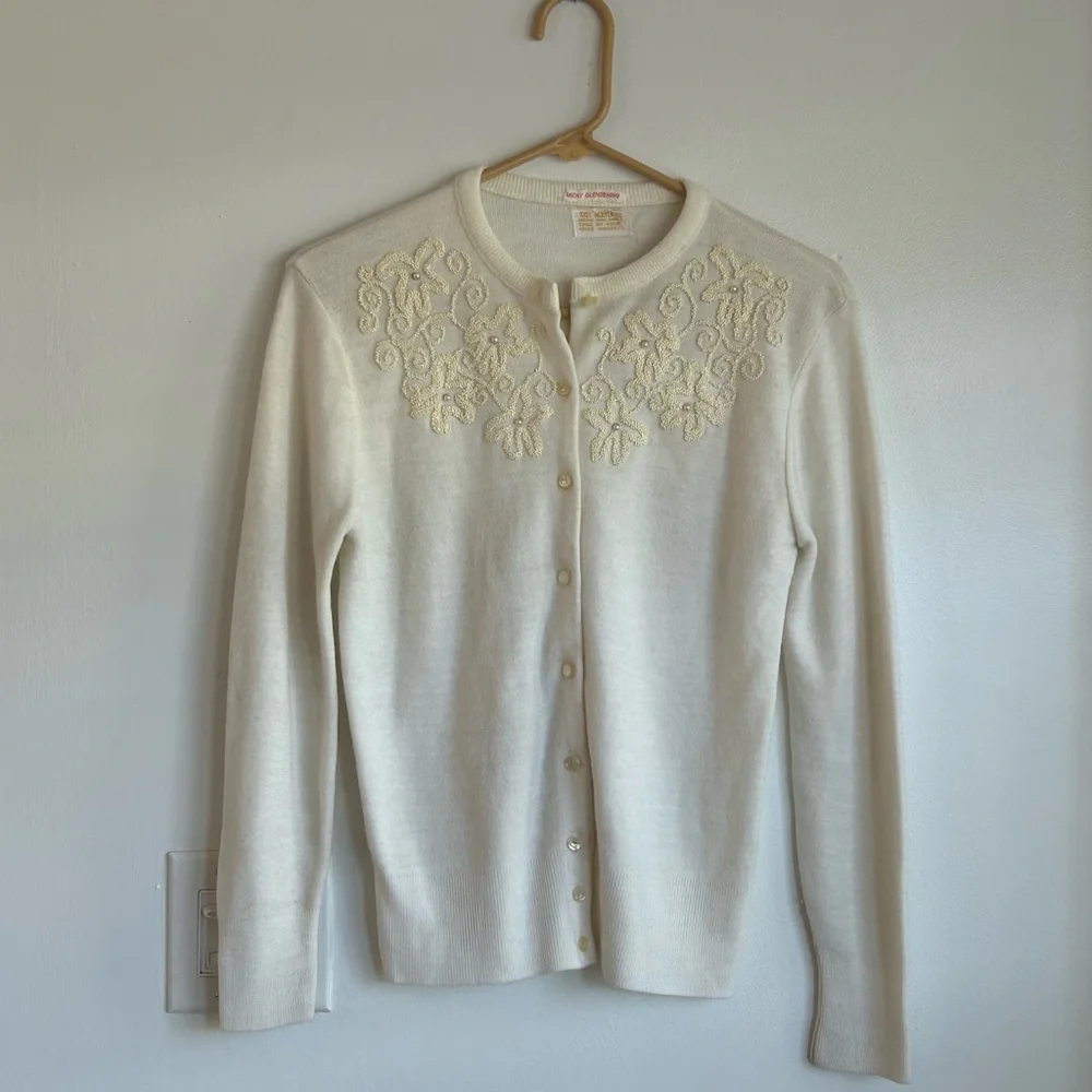 50s/60s Cream Beaded Cottagecore Cardigan Sweater Vintage Embellished - Picture 2 of 6